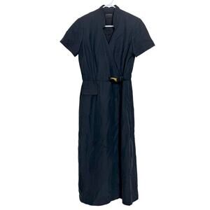 Vintage Liz Claiborne Wrap Dress Mandarin Collar 10 Petite Black Belted GUC